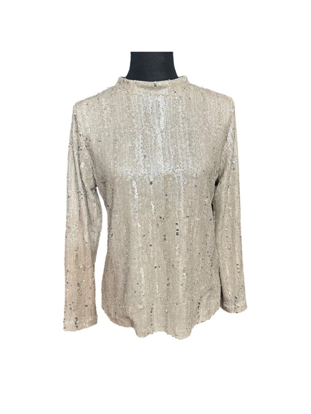 Chico's Shirt Women Size 1 M Tan Knit Top Sequin Funnel Tee Helium Holiday NWT